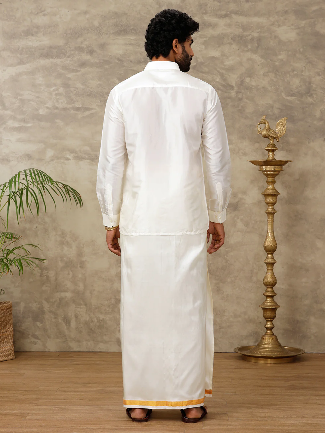 Men Silk Cream with 3/4" inch Jari Border Dhoti & Shirting Set Vivaga Chiranjeeve - Image 4