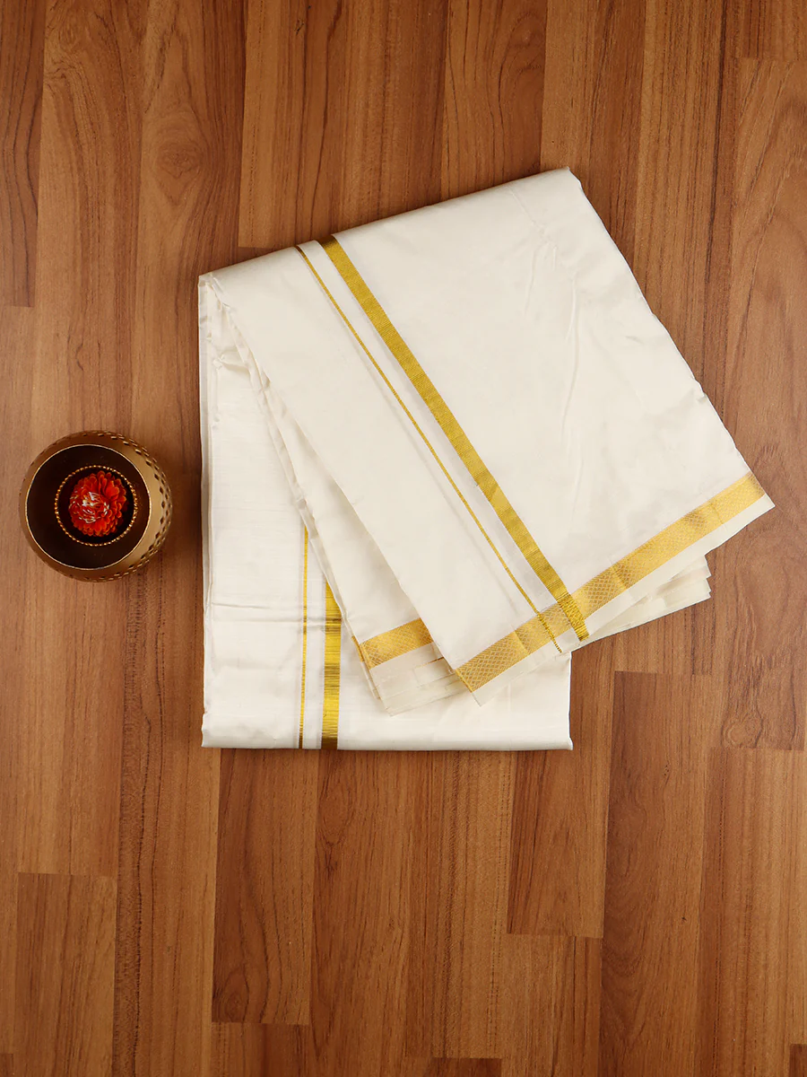 Men Silk Cream with 3/4" Inch Jari Border Panchakacham & Towel Set (9+5) Prasanthi - Image 3