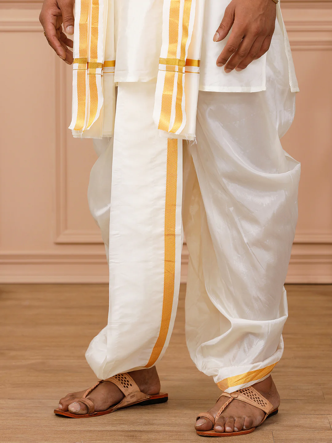 Men Silk Cream with 3/4" Inch Jari Border Panchakacham & Towel Set (9+5) Prasanthi - Image 6