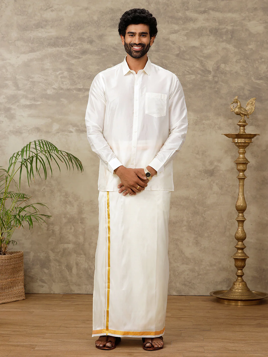 Men Silk Cream with Gold Jari Border Dhoti Suba Vivaga 40K - Image 2