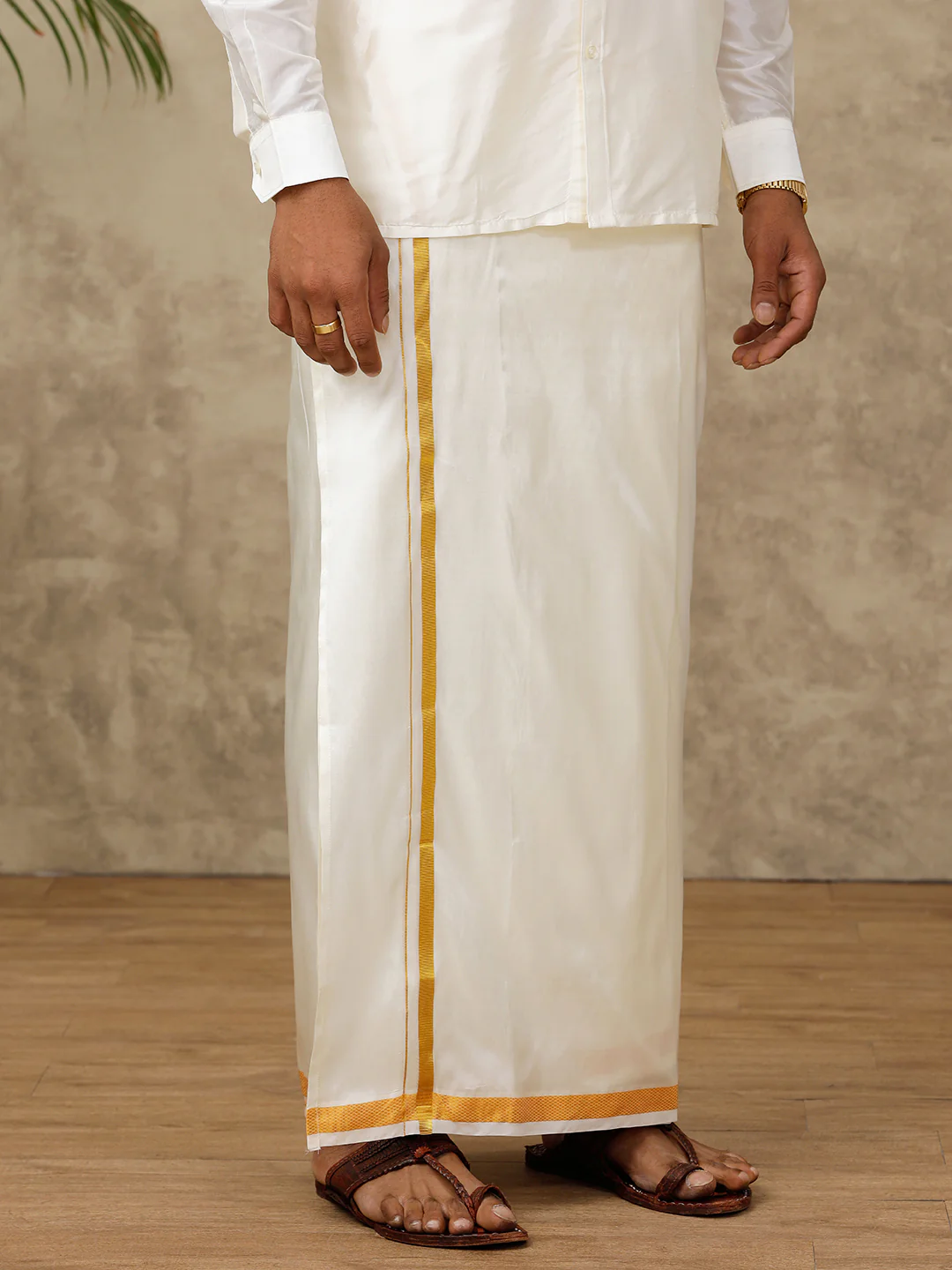 Men Silk Cream with Gold Jari Border Dhoti Suba Vivaga 40K - Image 3