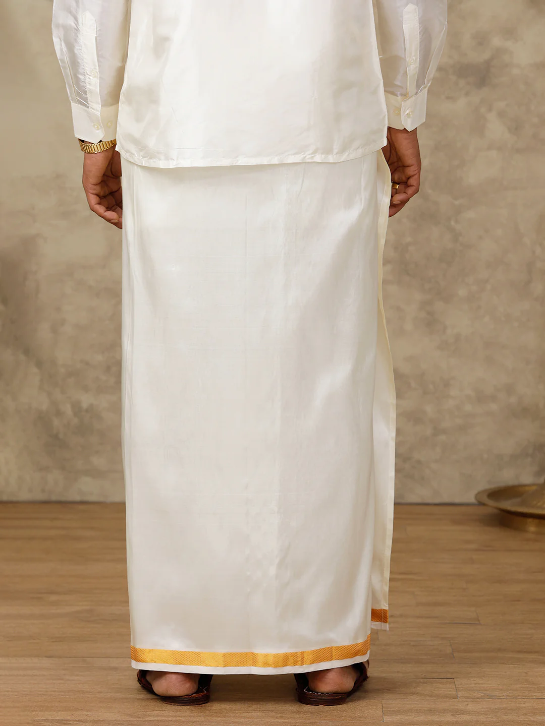 Men Silk Cream with Gold Jari Border Dhoti Suba Vivaga 40K - Image 4