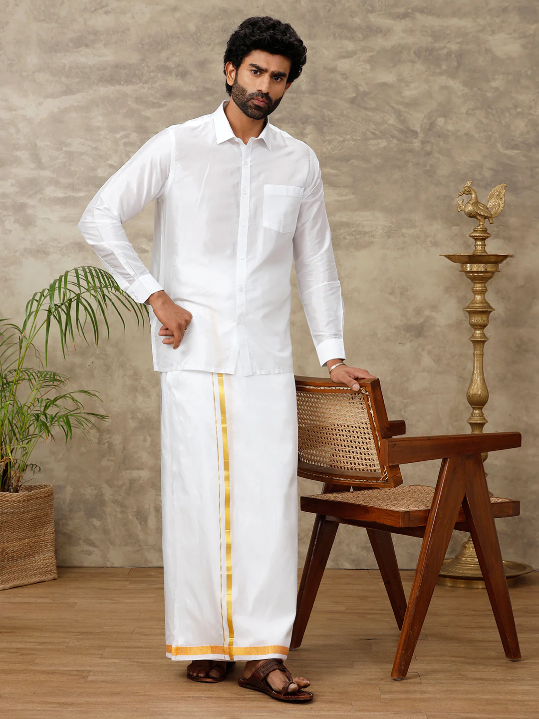 Men Silk Double Dhoti 3/4" inch Gold Jari Border Suba Vivaga - Image 3