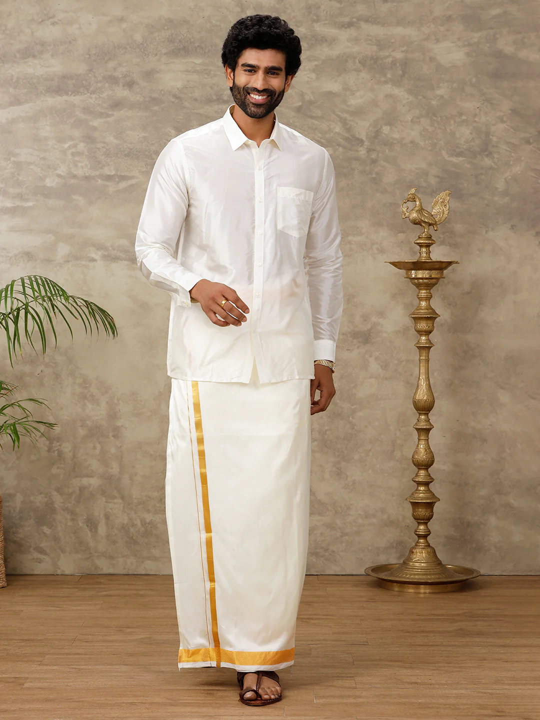 Men Silk Feel Cream Full Sleeves Shirt - Image 3