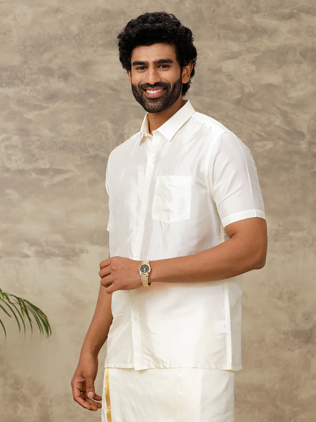 Men Silk Feel Cream Half Sleeves Shirt - Image 2