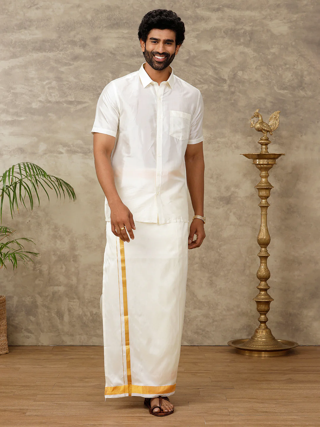 Men Silk Feel Cream Half Sleeves Shirt - Image 4