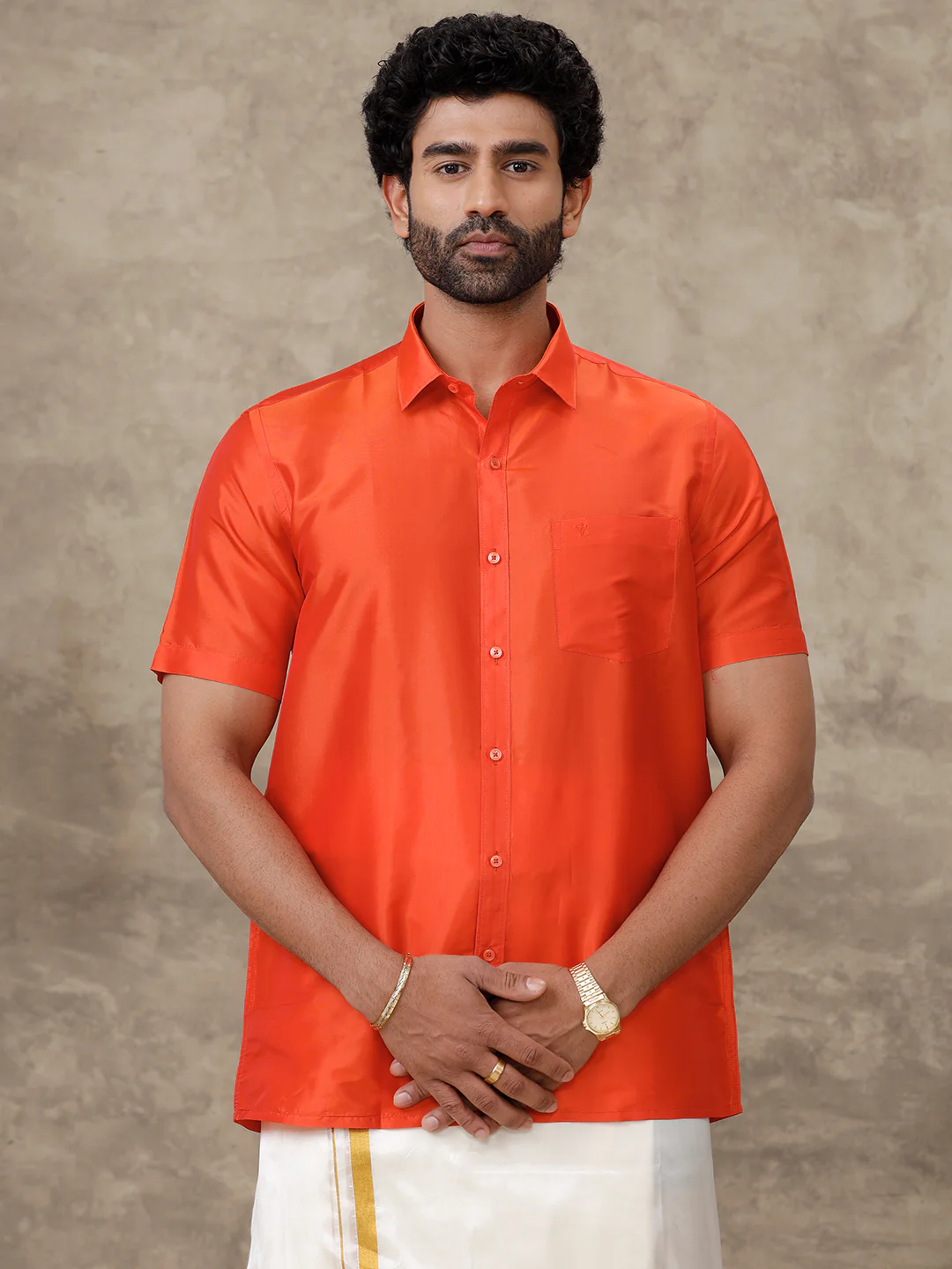 Men Silk Feel Dark Orange Half Sleeves Shirt SFC07 - Image 2