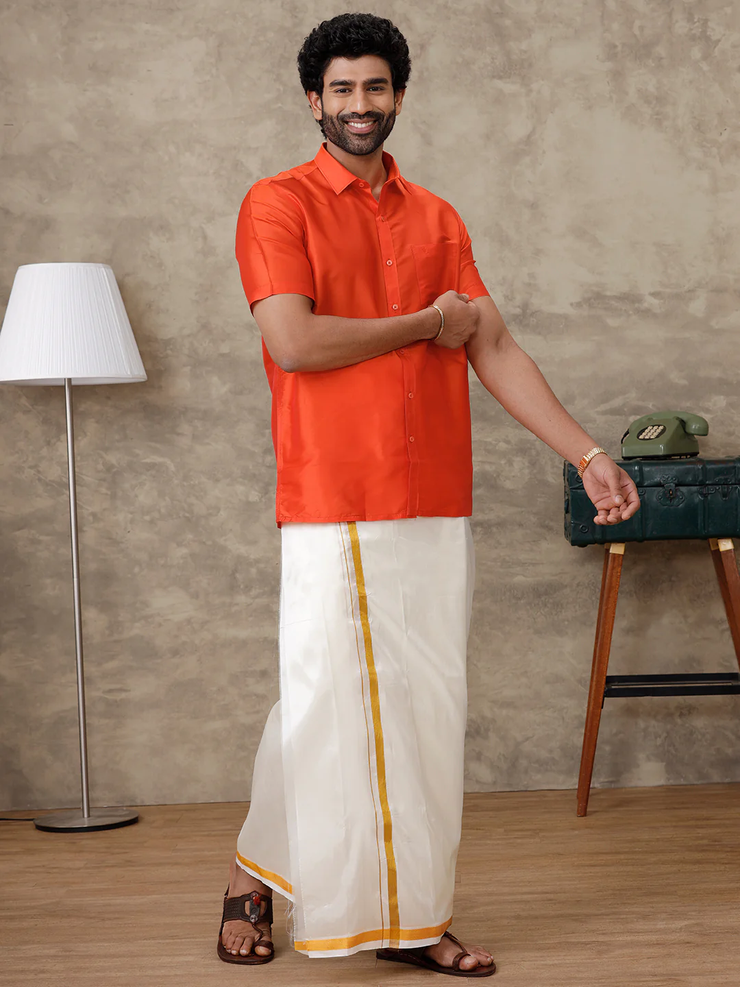 Men Silk Feel Dark Orange Half Sleeves Shirt SFC07 - Image 5