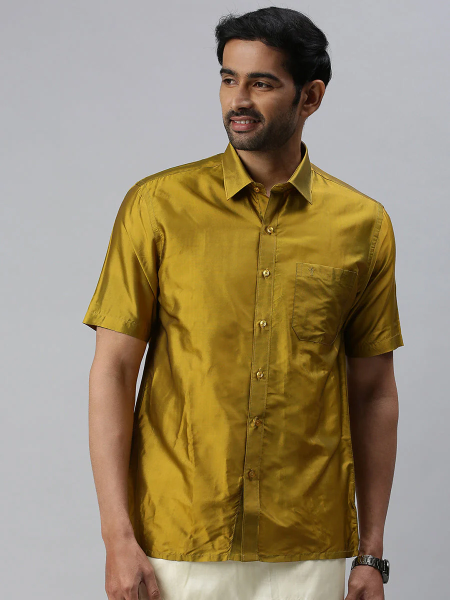 Men Silk Feel Olive Green Half Sleeves Shirt SFC04