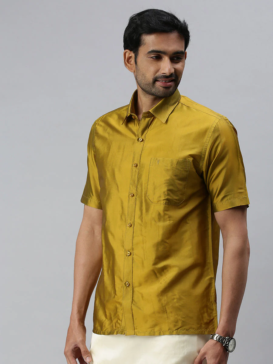 Men Silk Feel Olive Green Half Sleeves Shirt SFC04 - Image 2