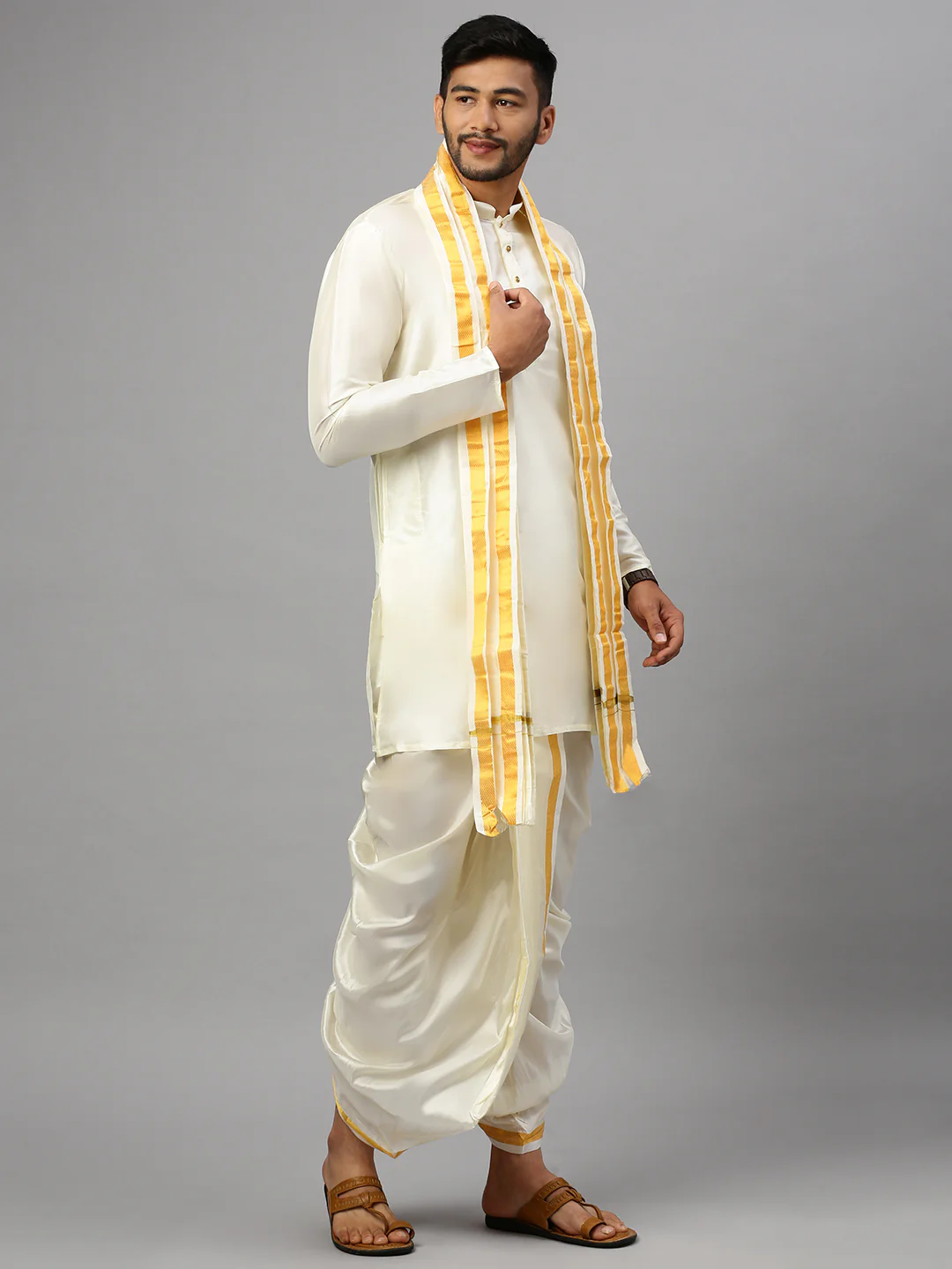 Men Silk Kurta and Readymade Panchakacham Set 3/4" inch Jari Border - Image 2