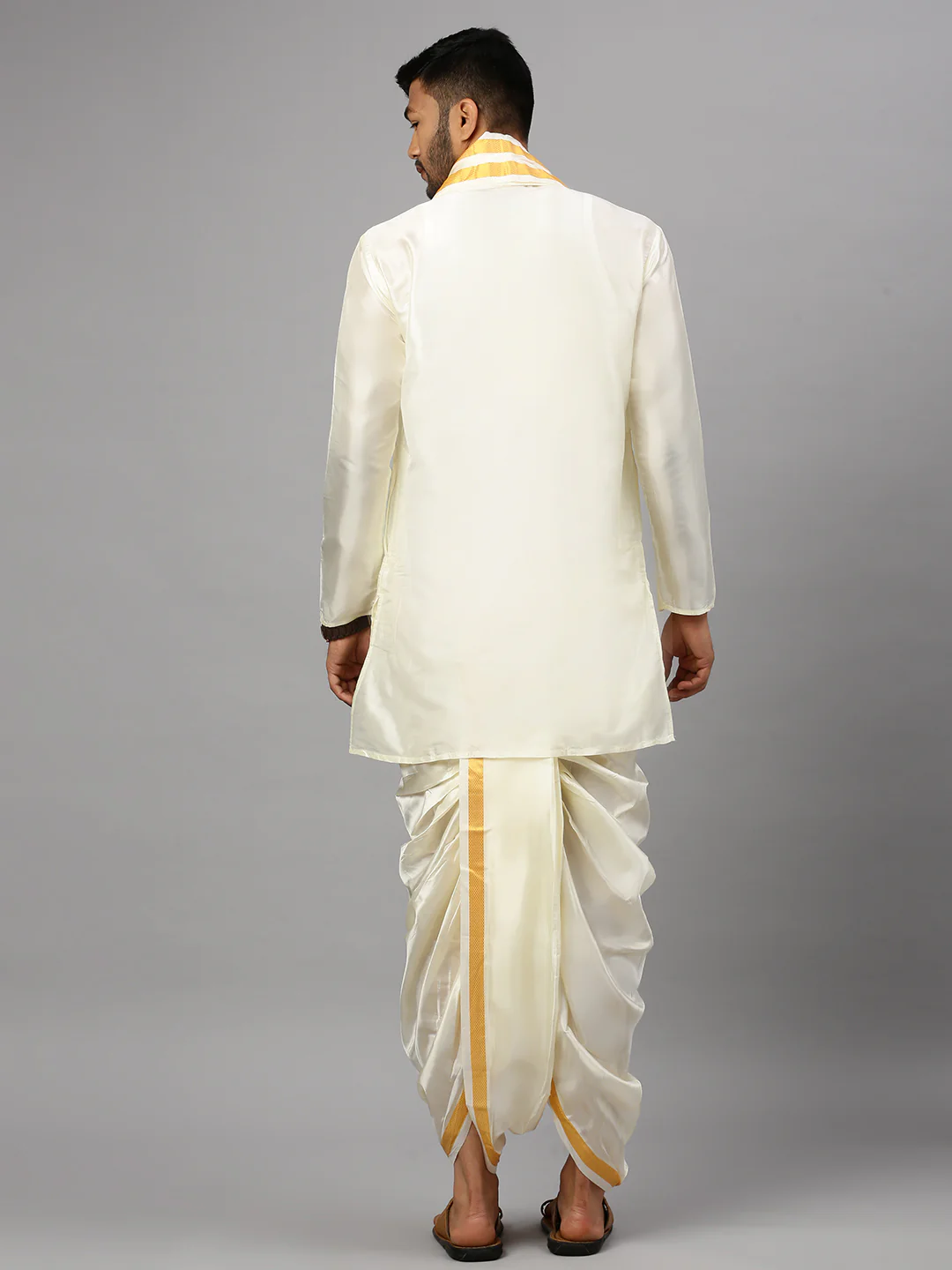 Men Silk Kurta and Readymade Panchakacham Set 3/4" inch Jari Border - Image 4