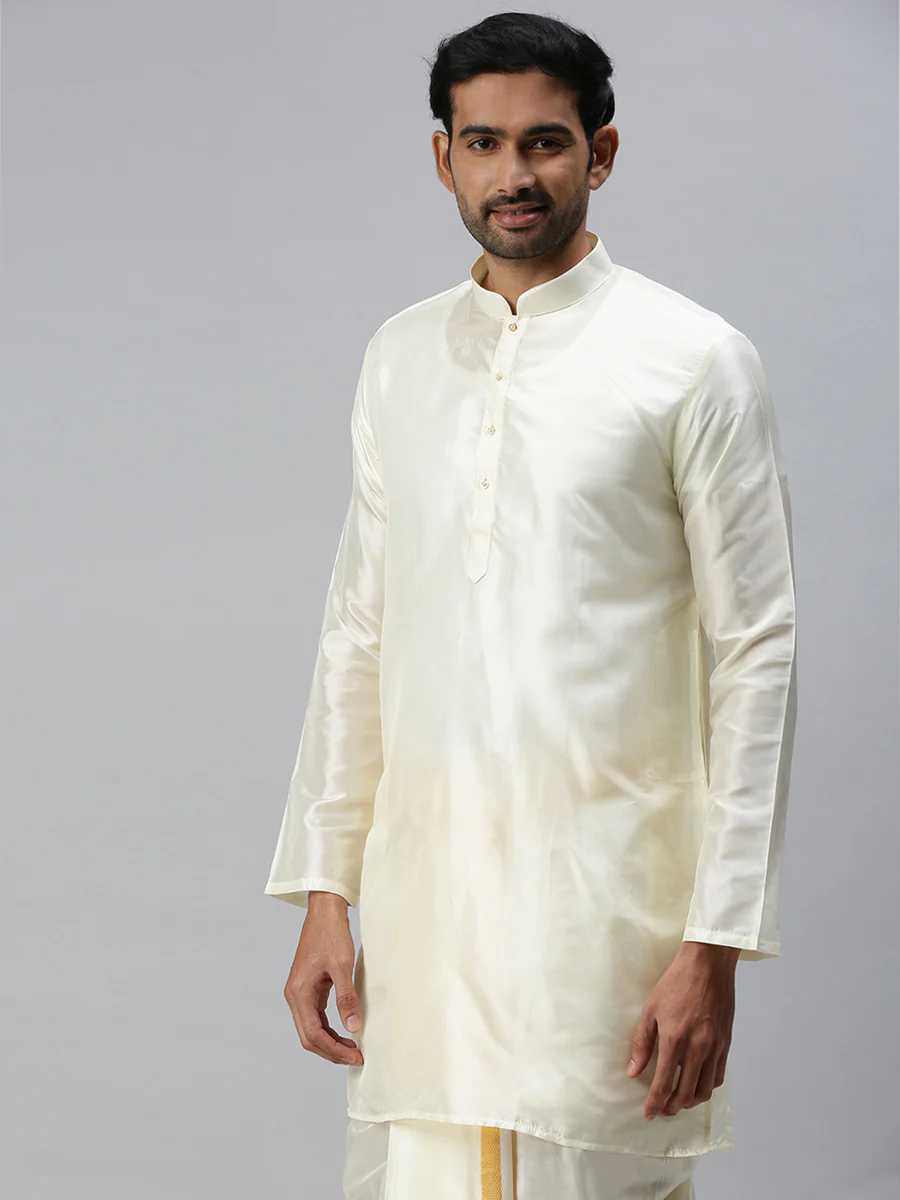 Men Silk Medium Length Plain Kurta Cream - Image 2