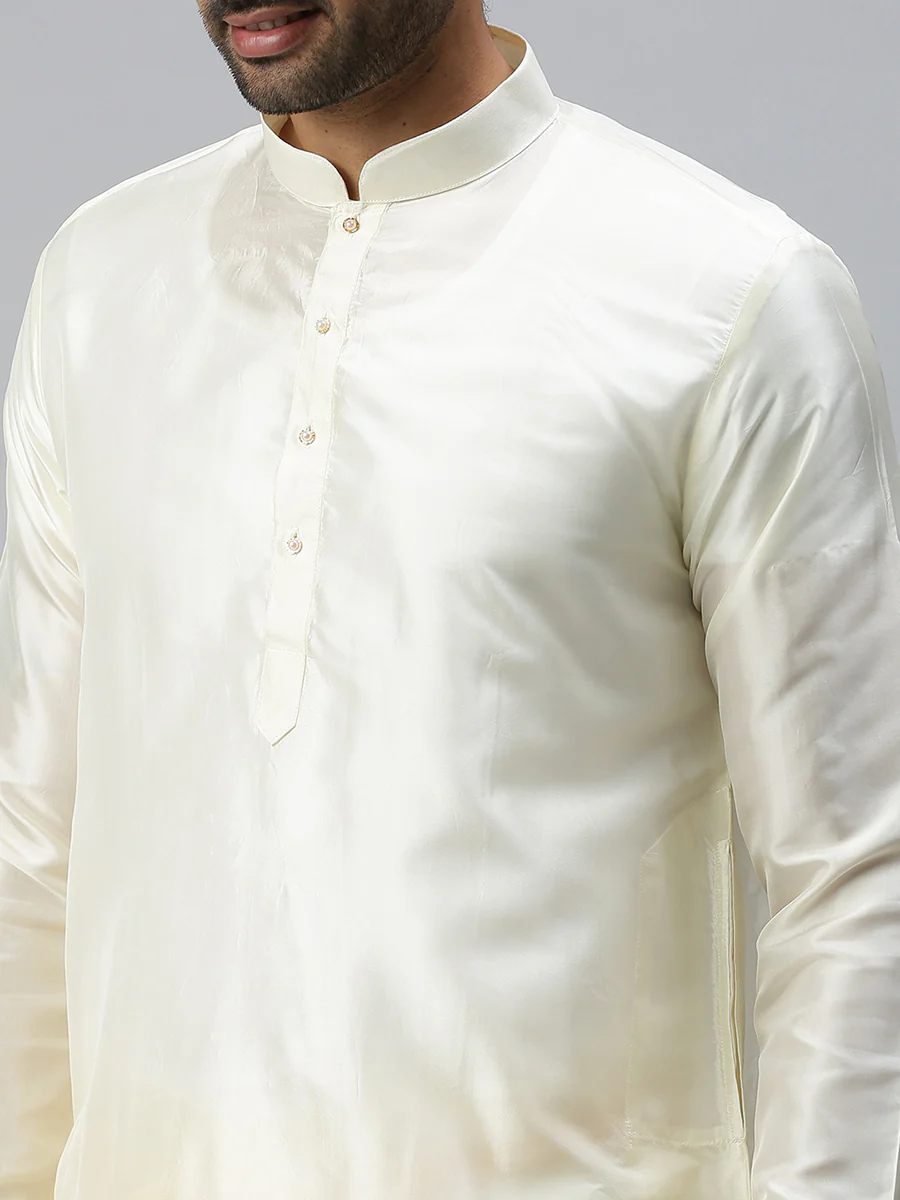 Men Silk Medium Length Plain Kurta Cream - Image 3