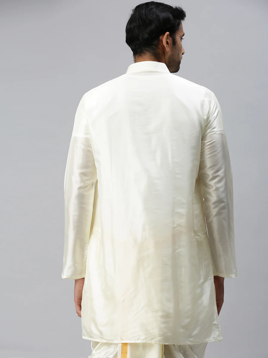 Men Silk Medium Length Plain Kurta Cream - Image 4