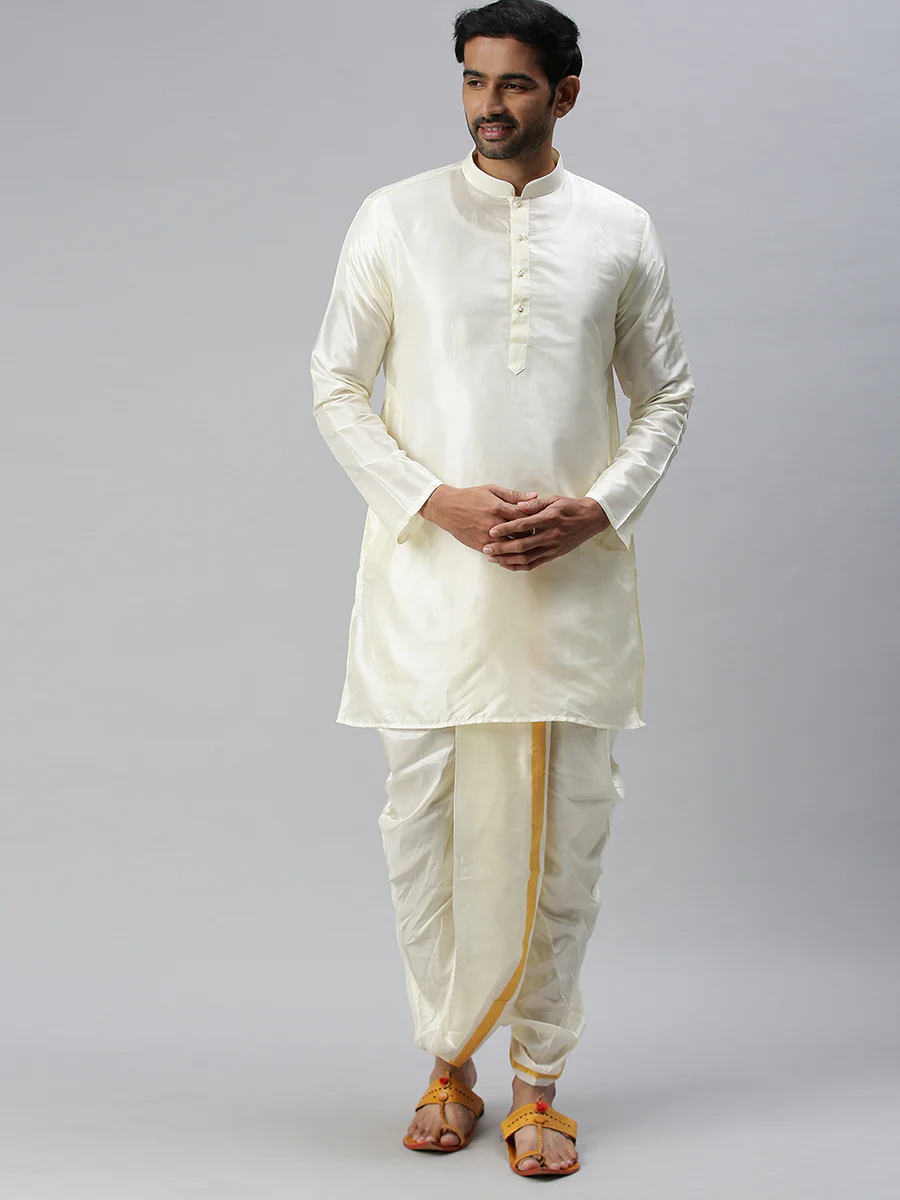 Men Silk Medium Length Plain Kurta Cream - Image 5