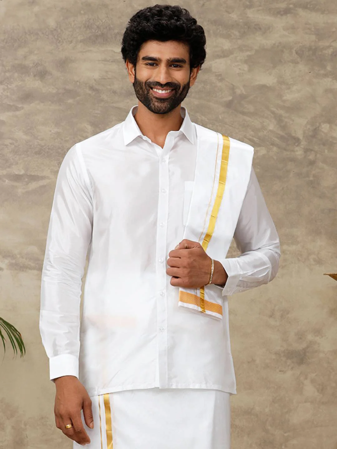Men Silk White Towel with Gold Jari Border Suba Vivaga 40K - Image 3