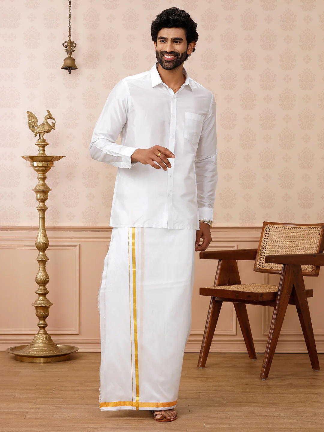 Men Silk White with 1/2" inch Jari Border Double Layer Dhoti - Image 2
