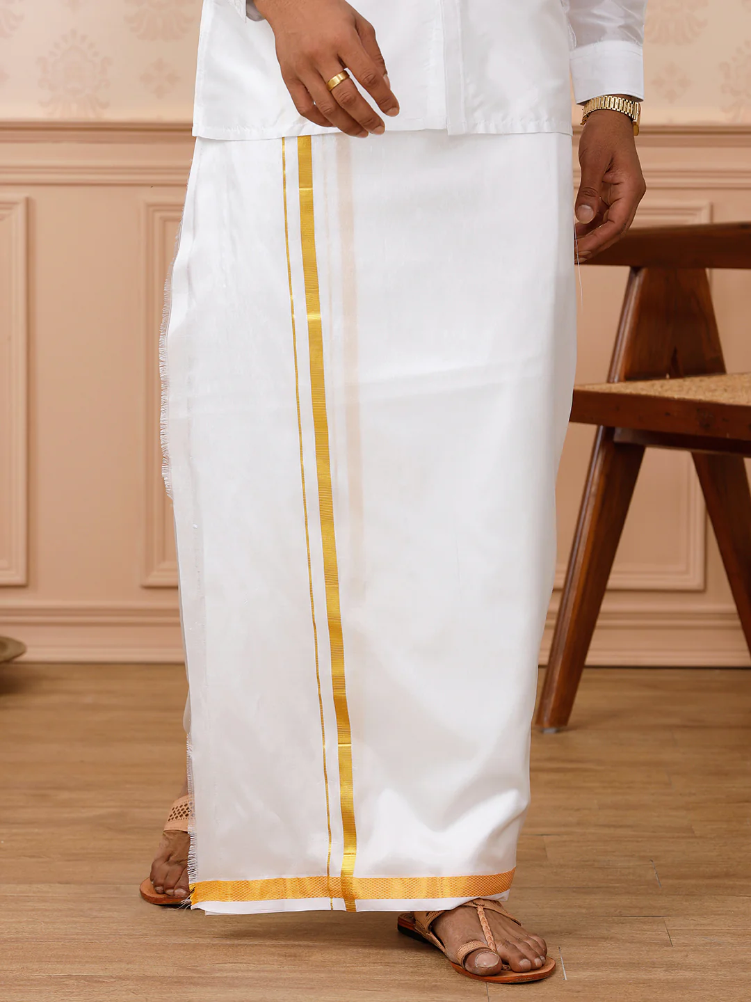 Men Silk White with 1/2" inch Jari Border Double Layer Dhoti - Image 3