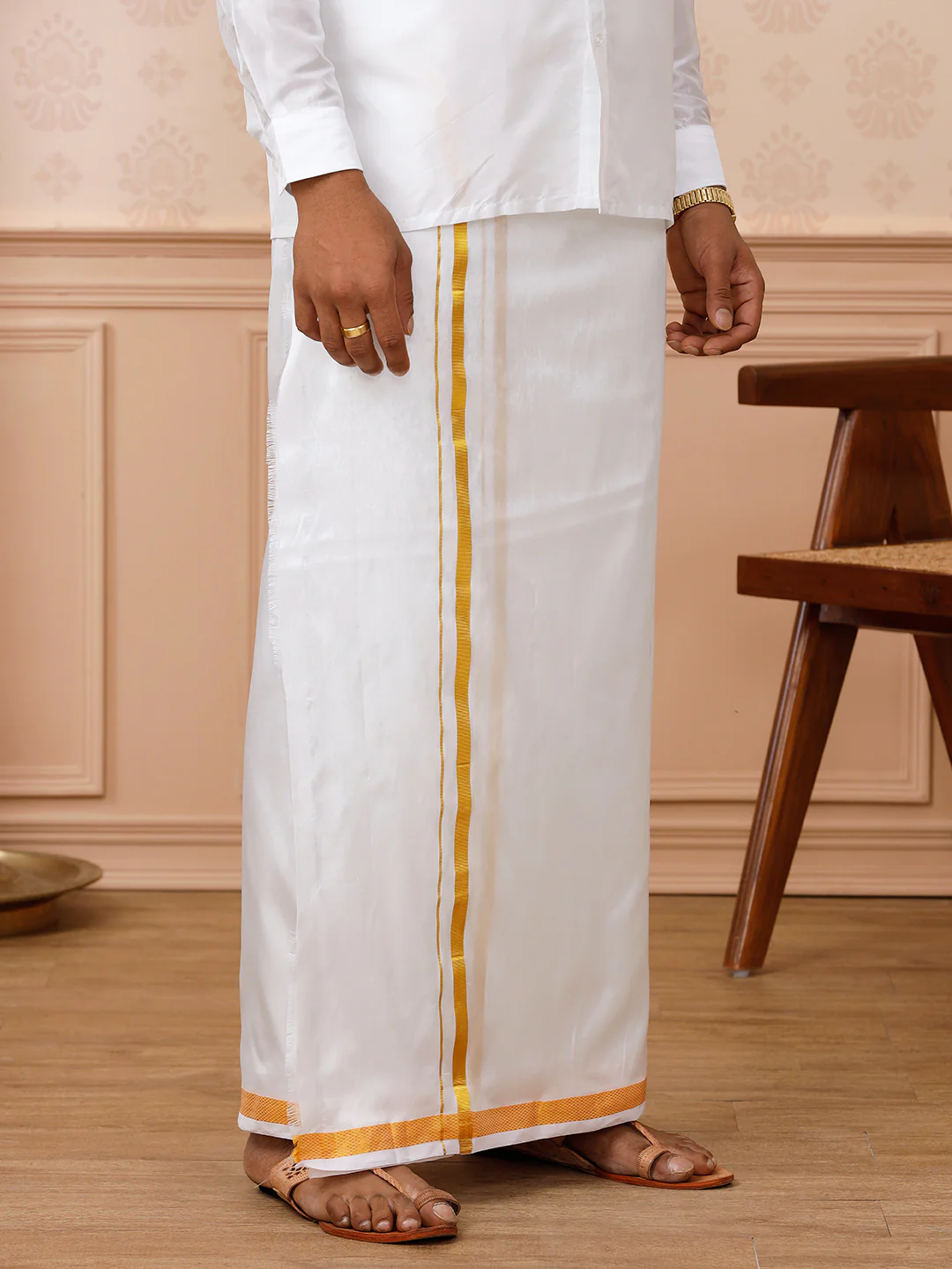 Men Silk White with 1/2" inch Jari Border Double Layer Dhoti - Image 5