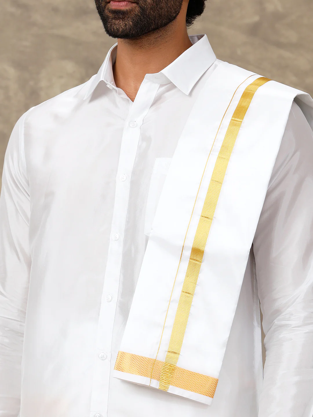 Men Silk White with 1" inch Jari Border Dhoti Shirt & Towel Set Subha Vaibhavaa - Image 4