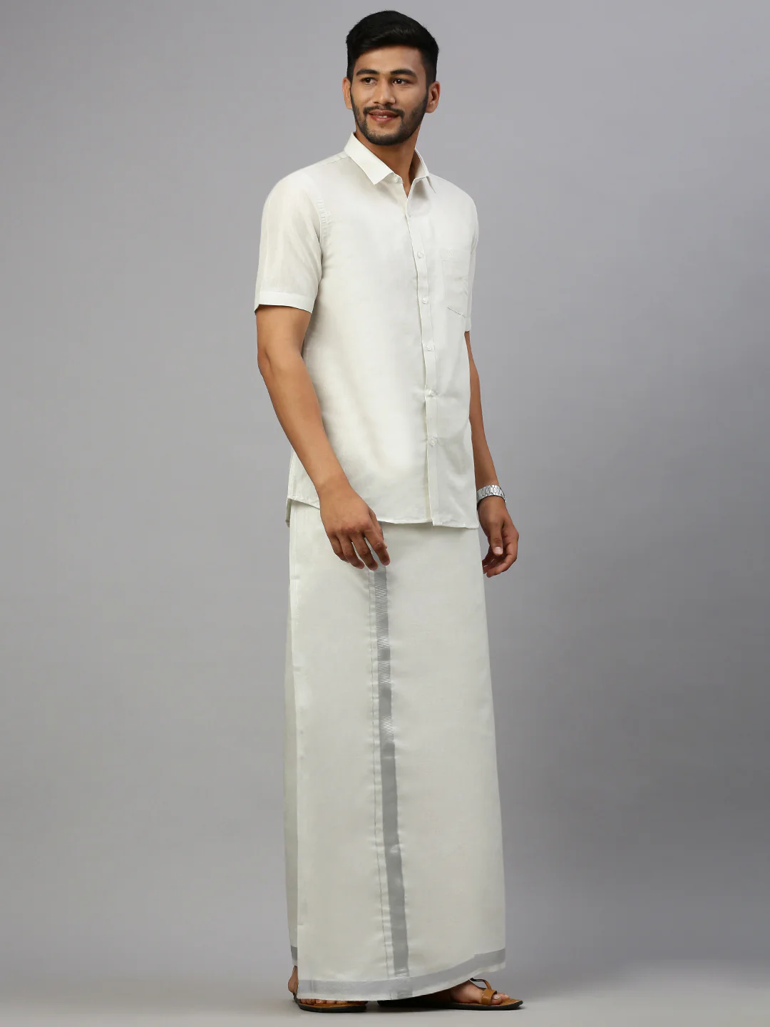 Men Silver Tissue Half Sleeves Shirt with Readymade Dhoti Combo - Image 3