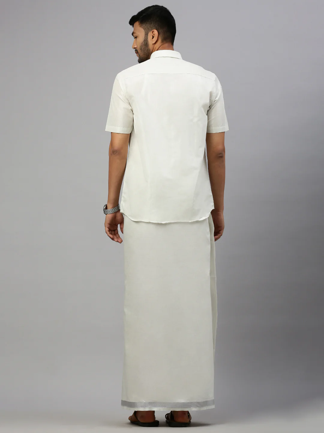 Men Silver Tissue Half Sleeves Shirt with Readymade Dhoti Combo - Image 4