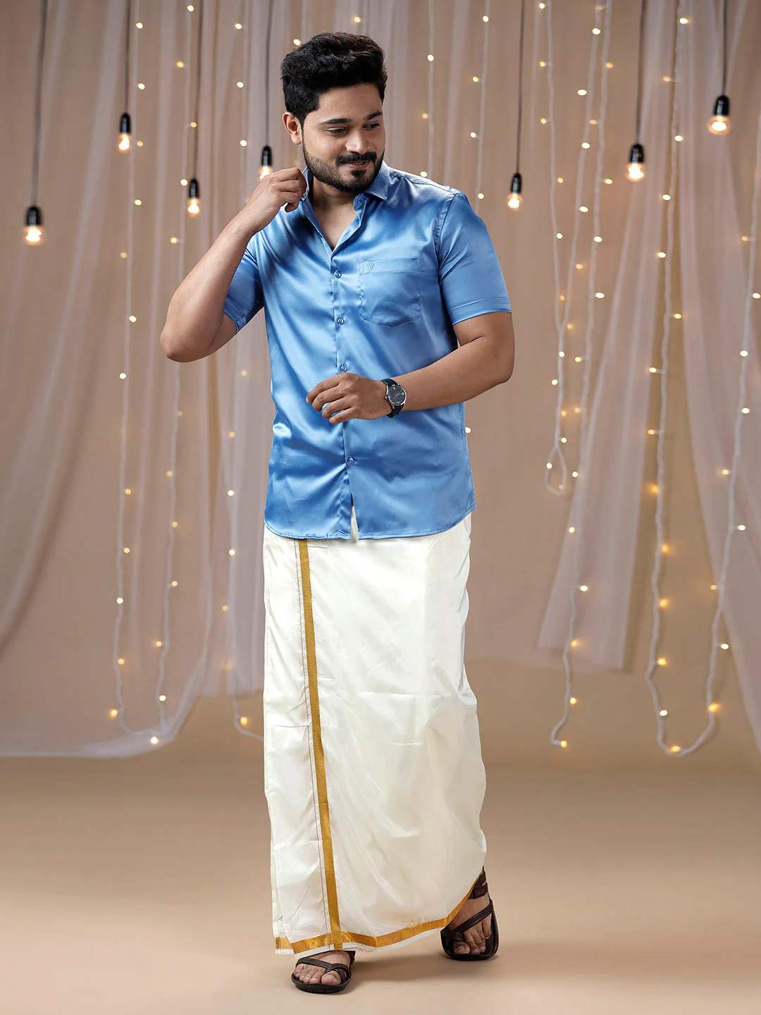 Men Sky Blue Half Sleeves Shirt with Art Silk Double Layer Dhoti Combo PS6 - Image 2