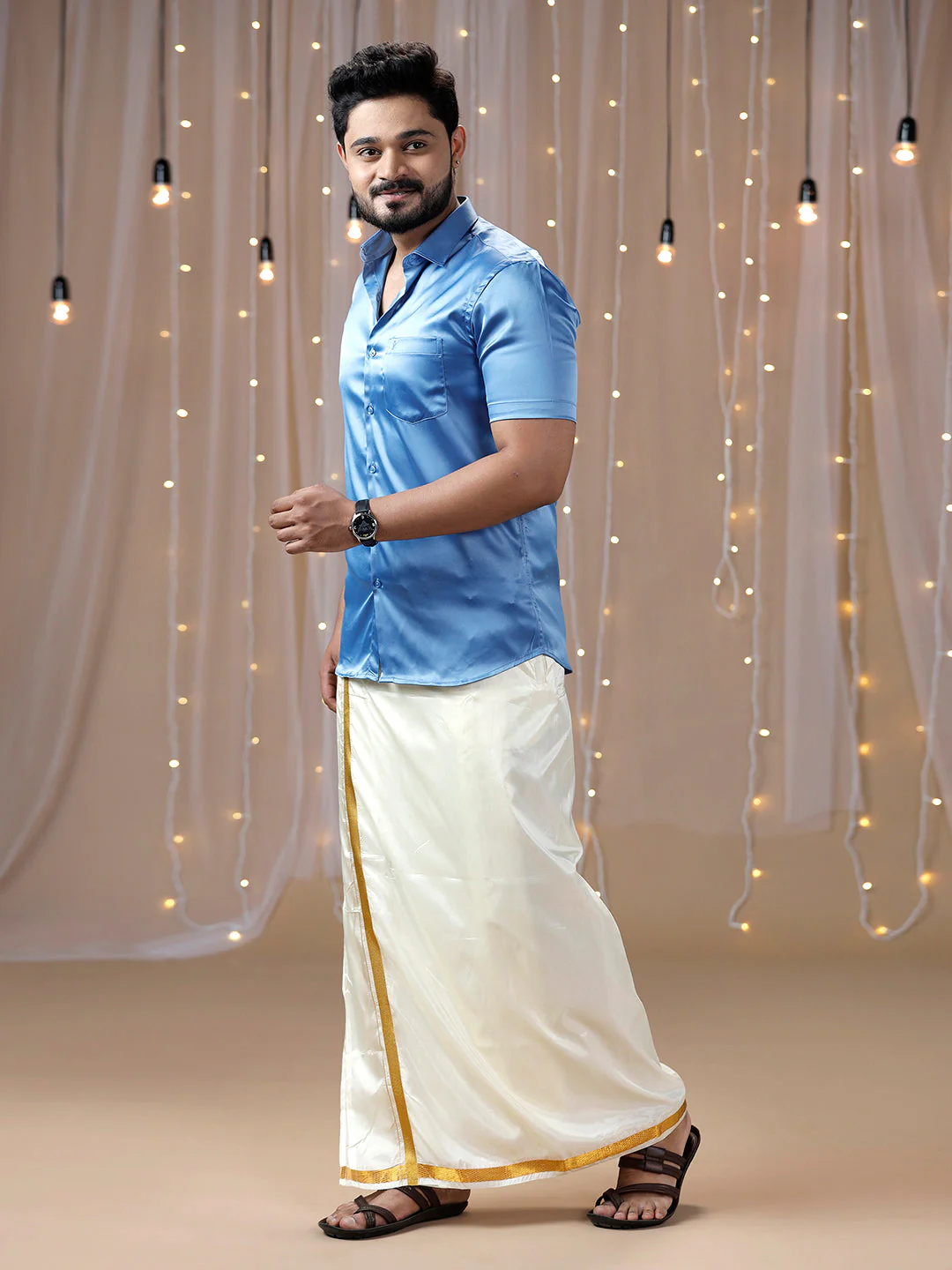 Men Sky Blue Half Sleeves Shirt with Art Silk Double Layer Dhoti Combo PS6 - Image 3