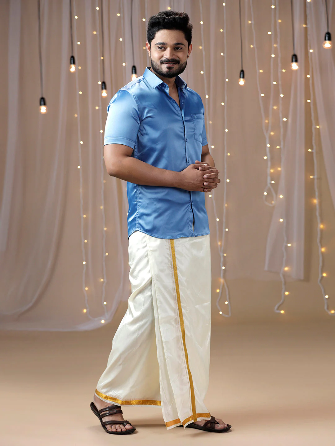Men Sky Blue Half Sleeves Shirt with Art Silk Double Layer Dhoti Combo PS6 - Image 4