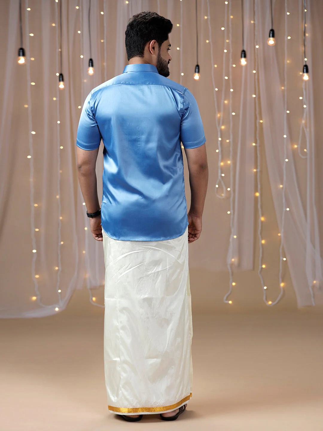 Men Sky Blue Half Sleeves Shirt with Art Silk Double Layer Dhoti Combo PS6 - Image 5