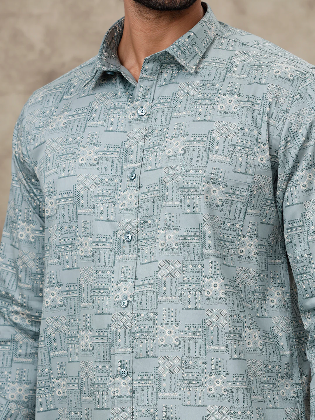 Men Slate Green Matching Border Dhoti with Printed Shirt Set Fusion PS3 - Image 3