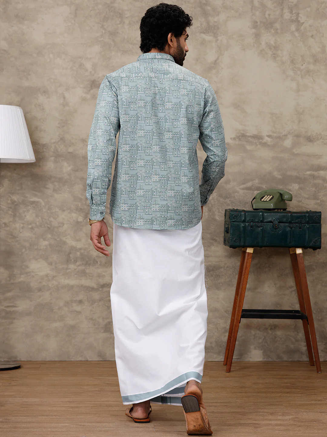 Men Slate Green Matching Border Dhoti with Printed Shirt Set Fusion PS3 - Image 4