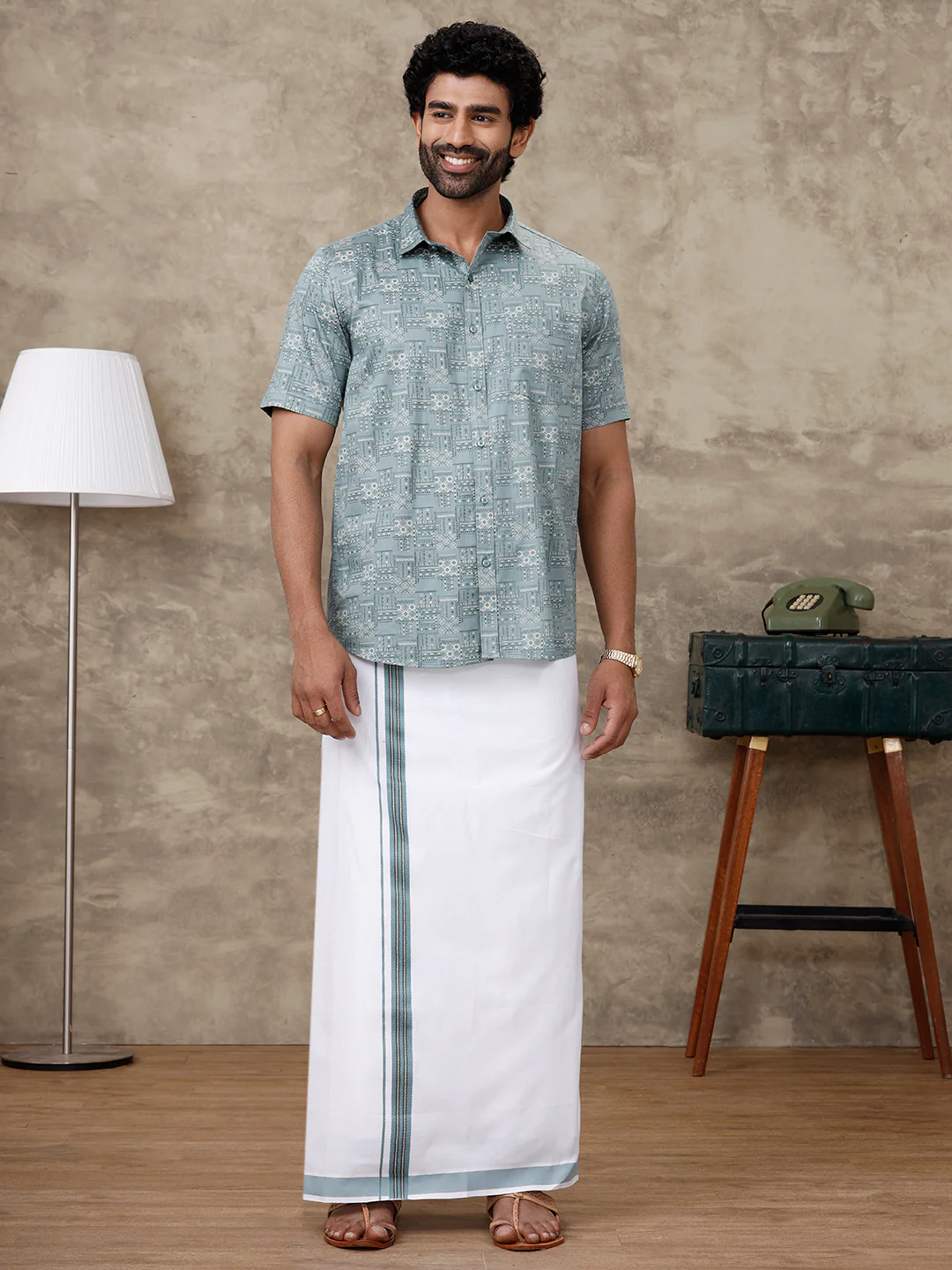 Men Slate Green Matching Border Dhoti with Printed Shirt Set Fusion PS3 - Image 6