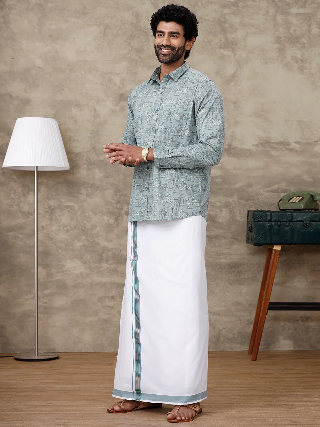Men Slate Green Matching Border Dhoti with Printed Shirt Set Fusion PS3 - Image 7