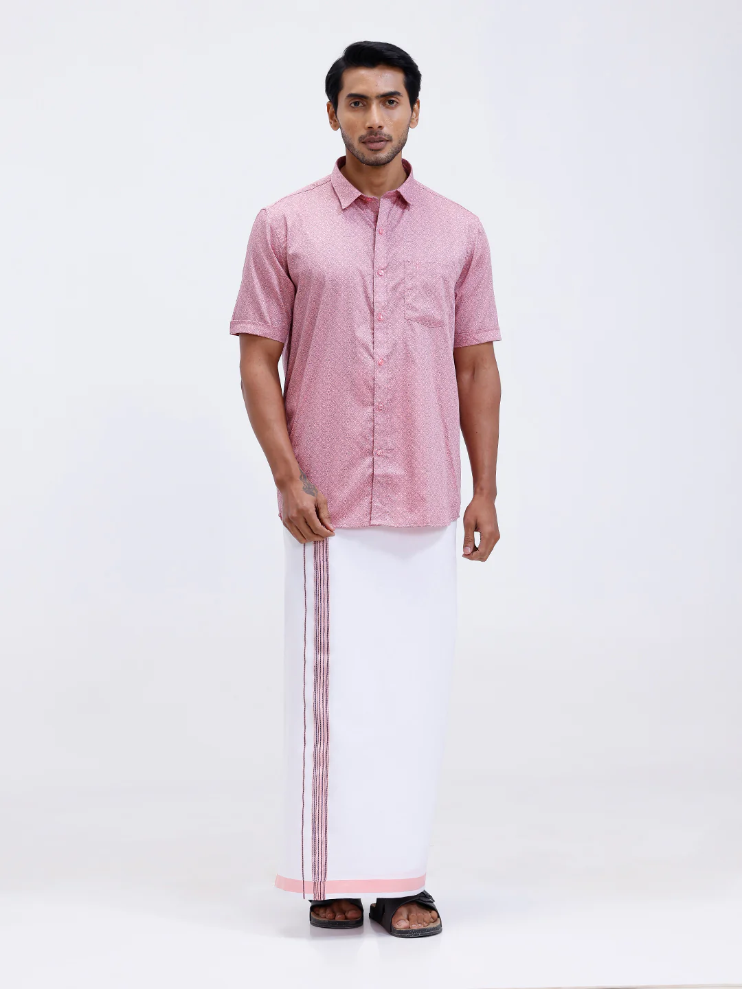 Men Soft Pink Matching Border Dhoti With Printed Shirt Set Fusion PS16 - Image 2