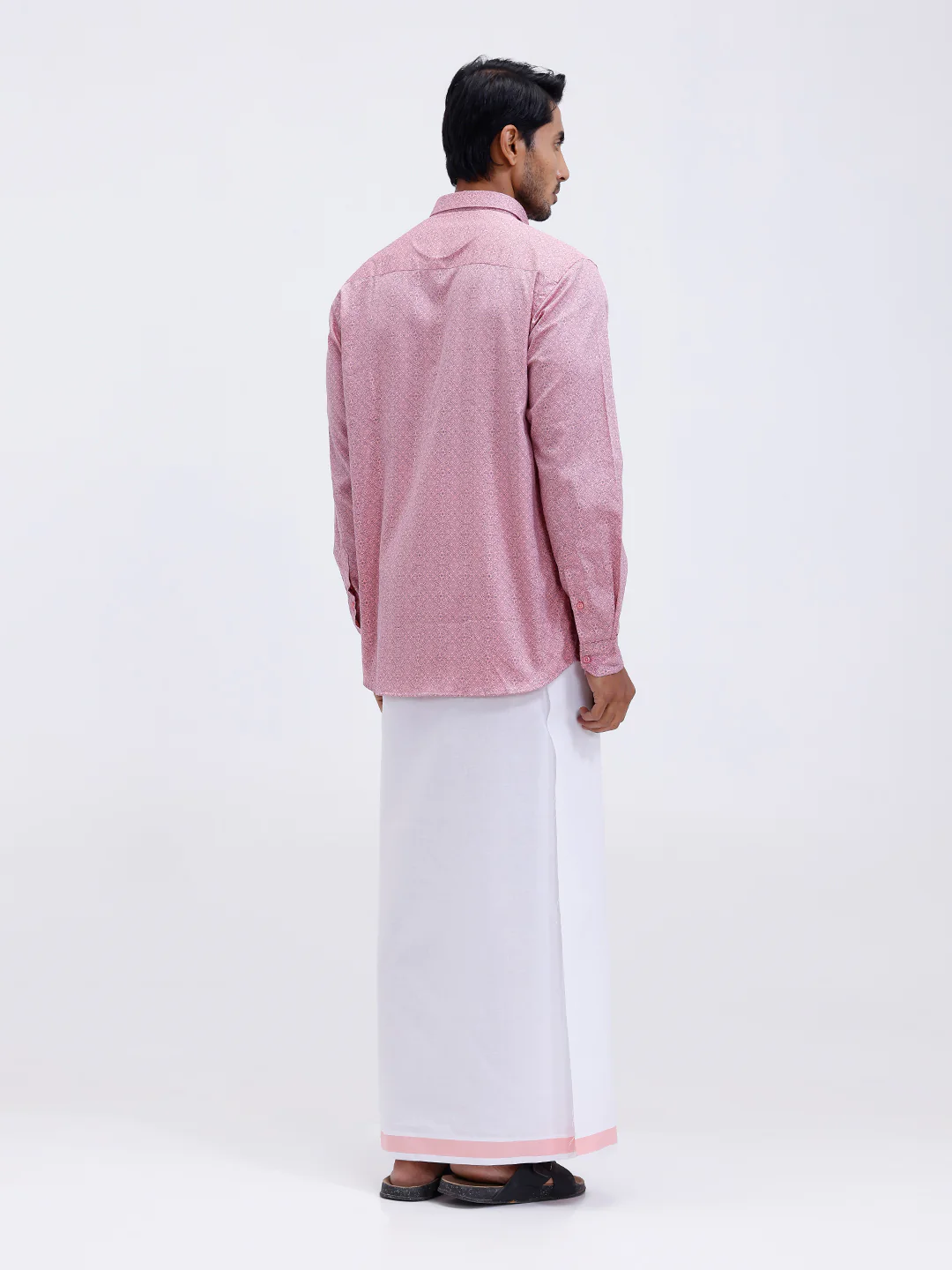 Men Soft Pink Matching Border Dhoti With Printed Shirt Set Fusion PS16 - Image 3