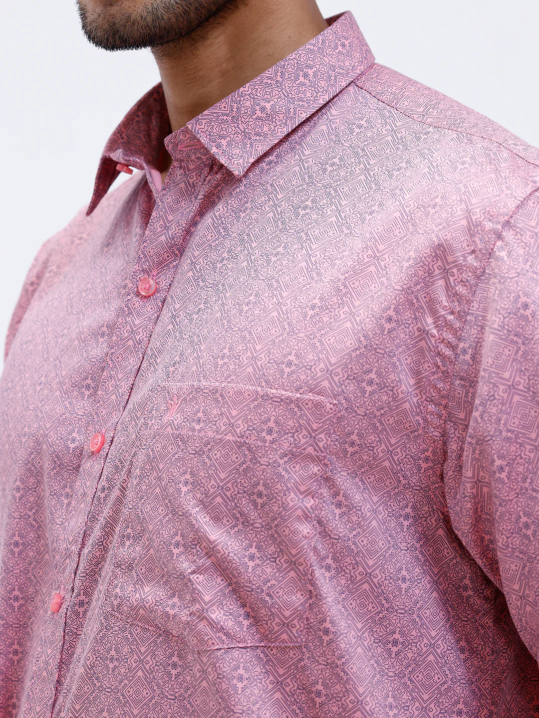 Men Soft Pink Matching Border Dhoti With Printed Shirt Set Fusion PS16 - Image 4