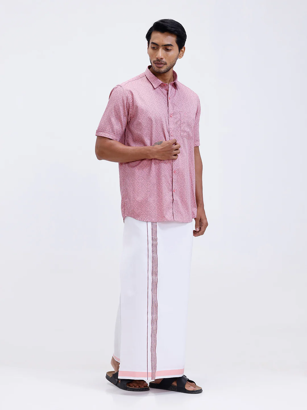 Men Soft Pink Matching Border Dhoti With Printed Shirt Set Fusion PS16 - Image 5