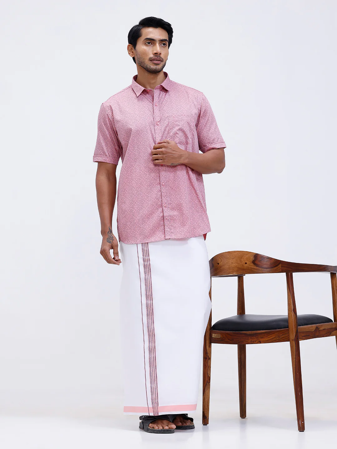 Men Soft Pink Matching Border Dhoti With Printed Shirt Set Fusion PS16 - Image 8