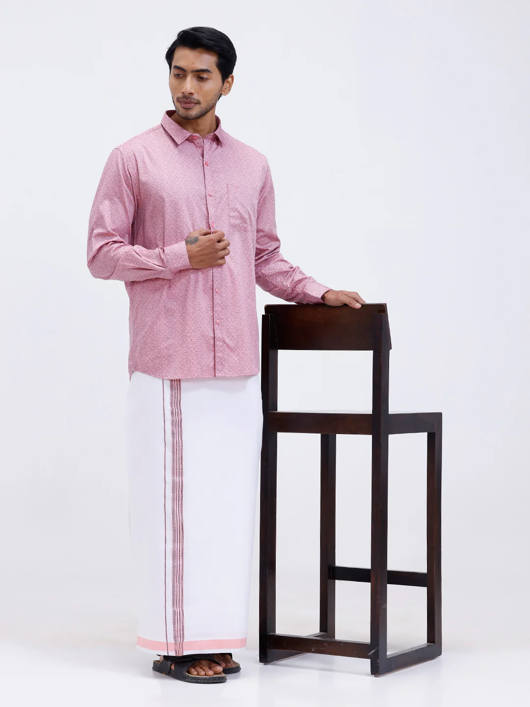 Men Soft Pink Matching Border Dhoti With Printed Shirt Set Fusion PS16 - Image 9