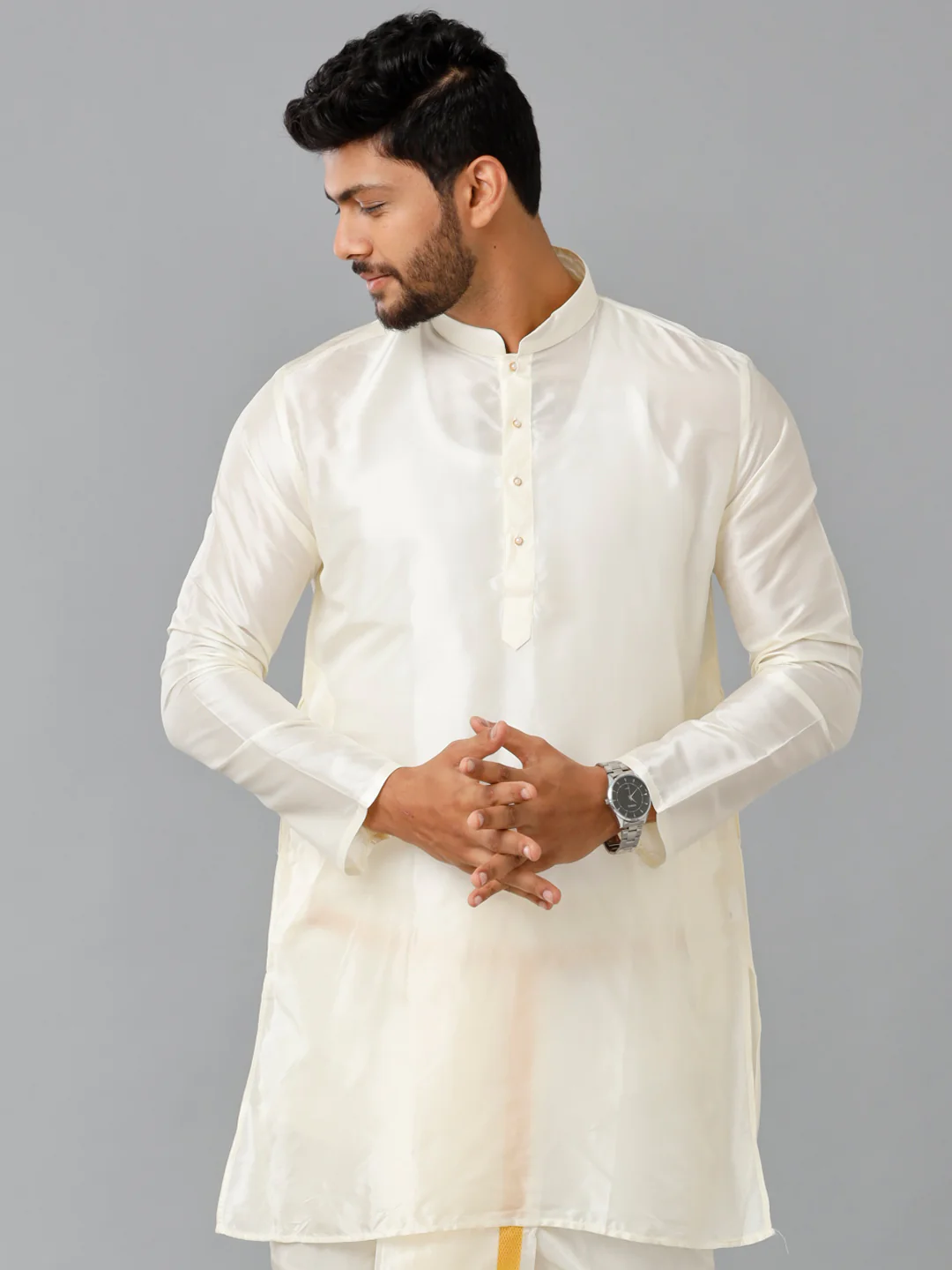 Men Soft Silk Medium Length Plain Kurta Cream - Image 2