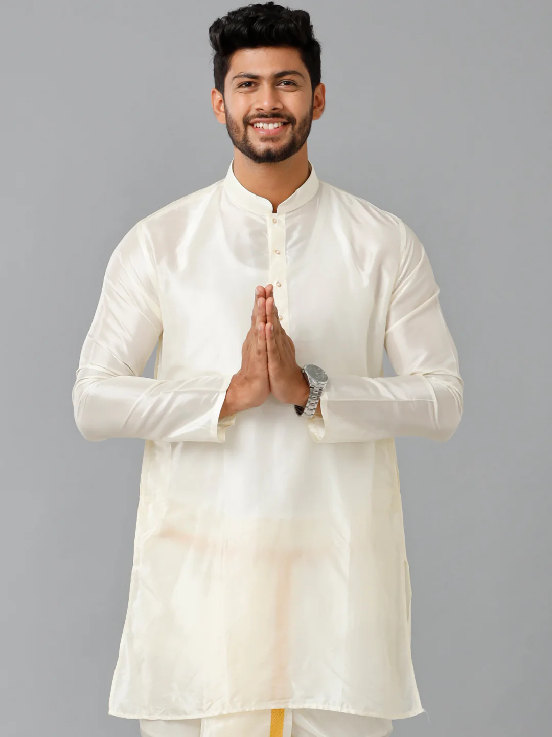 Men Soft Silk Medium Length Plain Kurta Cream - Image 3