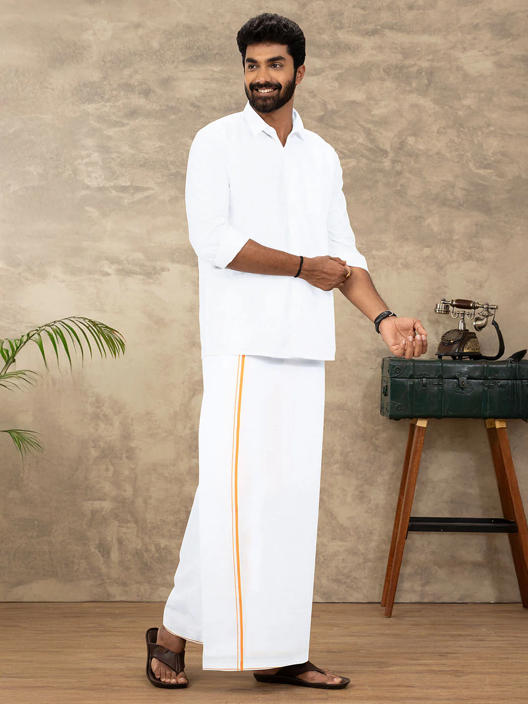 Men Starch Cotton Single Layer White Dhoti with Small Border MC01 - Image 2