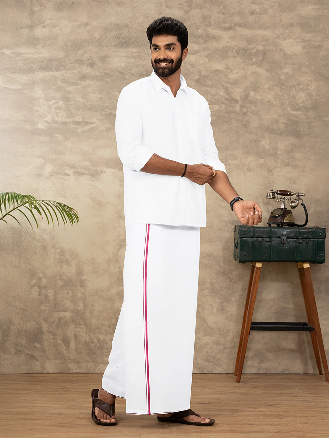 Men Starch Cotton Single Layer White Dhoti with Small Border ML01 - Image 2