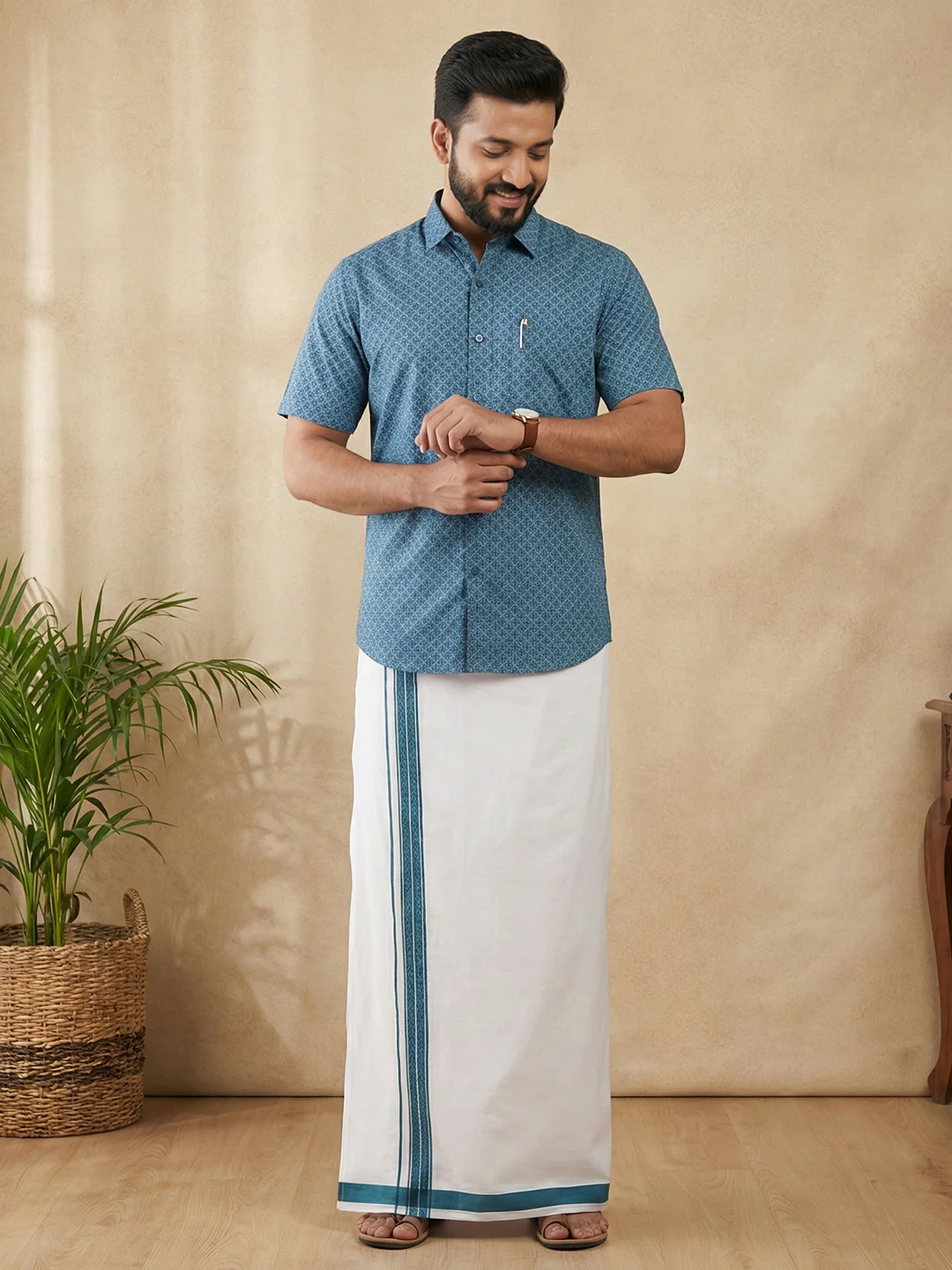 Men Teal Blue Matching Border Dhoti With Printed Shirt Set Fusion PS27 - Image 2