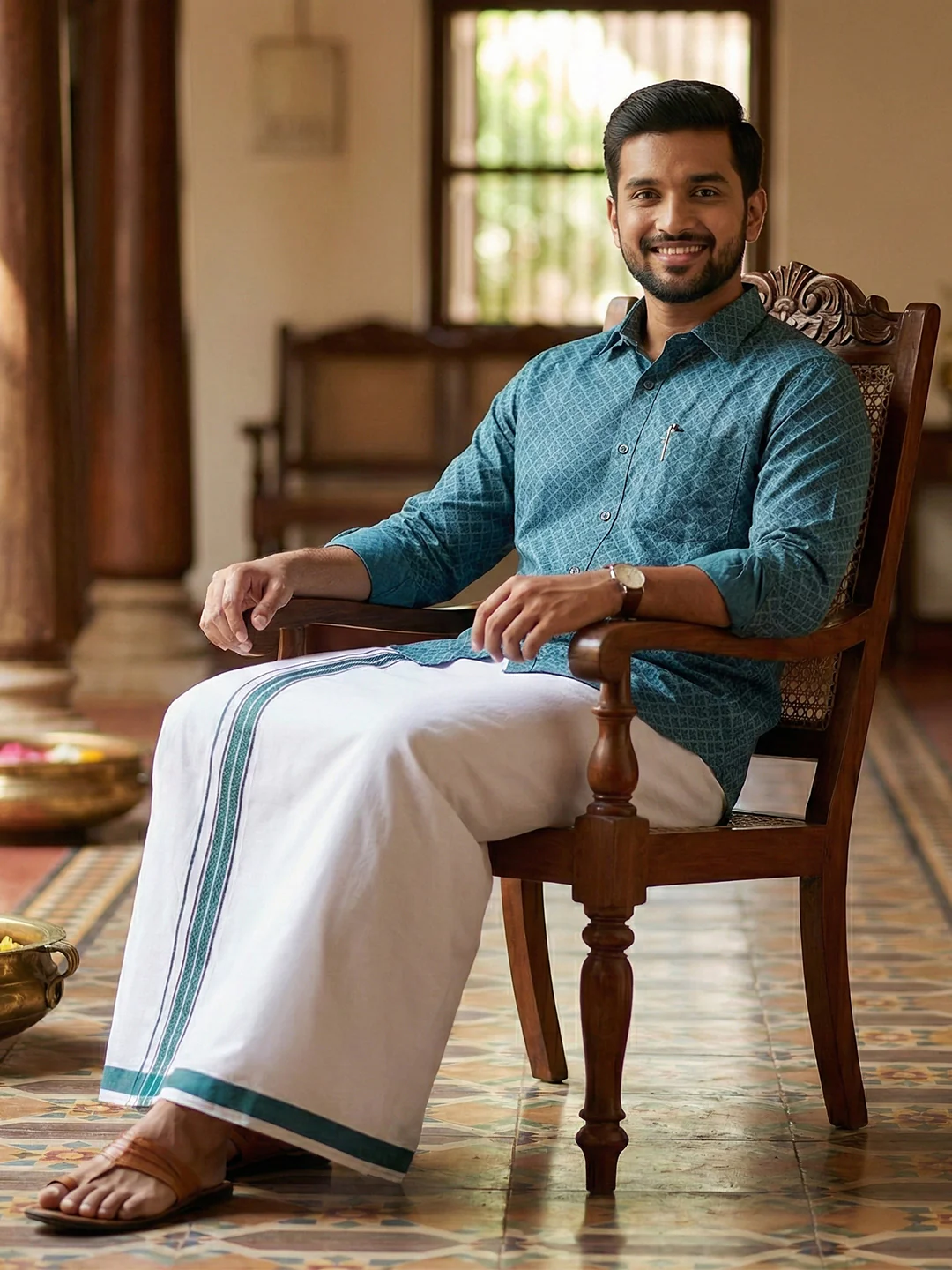 Men Teal Blue Matching Border Dhoti With Printed Shirt Set Fusion PS27 - Image 3