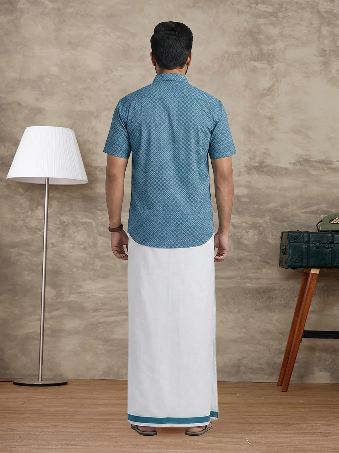Men Teal Blue Matching Border Dhoti With Printed Shirt Set Fusion PS27 - Image 5