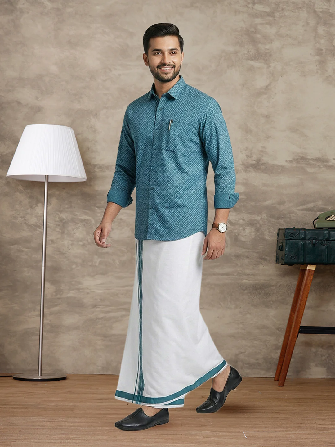 Men Teal Blue Matching Border Dhoti With Printed Shirt Set Fusion PS27 - Image 7