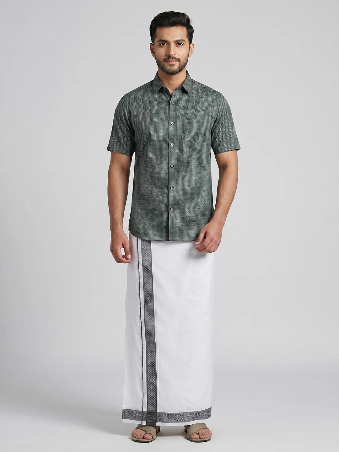 Men Teal Green Matching Border Dhoti With Printed Shirt Set Windsor HNJ5 - Image 2